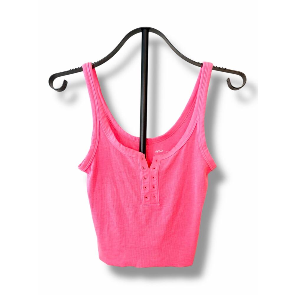 Aerie Bright Pink Barbiecore Ribbed Henley Tank Top Sleeveless Crop Size Small